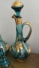 Mid Century Hand Painted Aqua Blue Bohemian Glass 2 Decanters 1 Stopper   bell