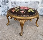 Antique Victorian Round Gold Wood   Cast Iron Floral Needlepoint Foot Stool