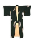 Japanese Kimono Vintage  Authentic Kimono In Dark Green With Metallic Feathers