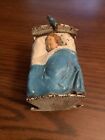 Vintage Cast Iron Baby In Cradle Bed With Bluebird Rocking Bank - Rare