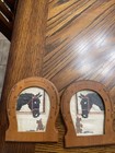 2 Vintage Needlepoint Horse In Wood Horseshoe Frames Cross Stitch Embroidered