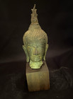 9  Antique Bronze Siam Thai Head Of Buddha On Old Wood Stand