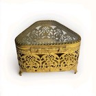 Triangle Jewelry Casket Jewelry Box Gold Lined Filigree Ormolu   Beveled Glass 