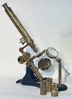Antique 19th Century Brass Bar Limb Microscope With Box   Bullseye Condenser