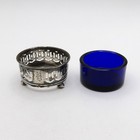 Antique J Wagner Sterling Silver Salt Cellar Pierced Dish Cobalt Blue Glass