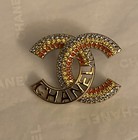 Chanel Cc Logo Multicolor Crystal Brooch Gold Metal Small Size Pin Authentic     