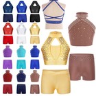 Kids Girls Shiny Crop Top With Shorts Gymnastics Latin Jazz 2pcs Dance Outfits