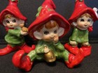 3 Vintage Lefton 1950s Sitting Pixie Christmas Elf Figurines Birds Bell
