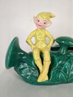 Vintage Yellow Pixie Elf Sitting Green Mushroom Planter Log 1950 s Gilner 