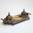 Vintage Ornate Double Ink Well Filigree Metal Footed Cast Metal Brass Tone