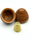 Antique Carved Coquilla Nut Sewing Thimble Holder With Brass Thimble