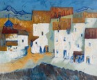Vintage Mcm Abstract Village Oil Painting Modern Art Signed Tasker Mid Century