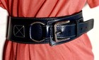 Vintage Expresso L Leather Belt Blue Wide Silver Buckle White Stitching