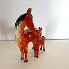 Vintage Porcelain Horse And Foal Figurine Brown Glossy Collectible Decor