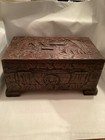 Antique Asian Scenes Wood Box Chest Trunk Hand-carved Brass Dragons Men Ornate