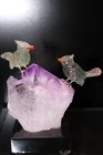 Peter Muller Hand Carved Fluorite Finch Pair On Amethyst Point Base 4 1 2 