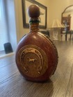 Vintage Leather Covered Glass Decanter Bottle Copper Horse   Horseshoe Rare