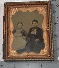 Antique Tin Type Plate Photo In Frame Family Father Mother Baby In Half Case