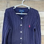 Polo Ralph Lauren Girls Navy Blue Cable Knit Cardigan Pink Pony Size S 7 Cotton