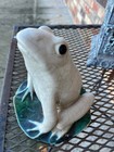 Vintage White Crackle Glaze Pottery Frog Figurine On Green Lily Pad