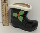 Vintage Lefton Ceramic Christmas Santa Boot Vase Black   White Holly Trim