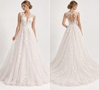 Ivory Lace A-line Wedding Dress Size 6 Floral Tulle Bridal Gown Cap Sleeve