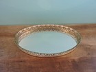 Vintage Brass-style Metal Filigree Large Oval Mirror Vanity Tray Felted Bottom