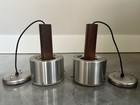 Vintage Danish Modern Mid Century Teak   Walnut Aluminum Pendant Light Pair