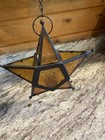 Moravian Star Hanging Tea Candle Light Lantern Amber Glass In Black Metal