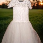 Ivory Lace Beaded Tulle Ball Gown Wedding Dress Scoop Neck Short Sleeve