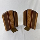 Mid Century Modern Studio Solid Mixed Wood Inlay Curved Book End Pair