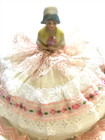 Beautiful Unique Antique Mini Half Doll Sitting On New Hand Made Pink Pincushion