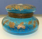 Vintage Blue Glass Oranate Floral Hinged Vanity Jewerly Powder Box Casket