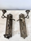 Antique Brass Cherub Putti Wall Sconces Pair Victorian Figural Candle Holders