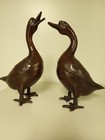 Japan   Large Antique Cast Iron Pair Of Garden Ducks   11  High   Vintage Brown