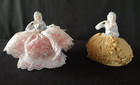 2 Antique Porcelain Half Dolls W rose - Leaning On Elbow - Pin Cushion dress