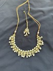 Gold Tone Ethnic Kundan Style Necklace Earrings Set White green Pearl Drop