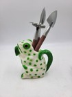 Frog Watering Can Neon Green Spots Celluloid Blow Mold W Mini Gardening Tools