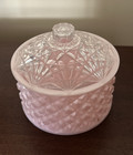Vintage Pink Crystal Cut Lucite Powder Box trinket Box 5  Wide 4 1 4  Tall