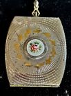 Vtg Enamel Ring Chain Purse Flapper Powder Compact Guilloche Gold Silver Case