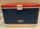 Vtg Thermos Red Blue Cream Color Metal W matching Picnic Jug W 22 X 14 X 141 2    