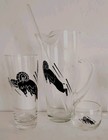 Glass Cocktail Set Pitcher 12 Glasses  Bareware Black Aries ram Vtg 70 s Mcm 