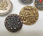 5 Antique Round Metal Picture Buttons Flowers Thistle Bird Glass Details