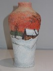 Antique Gebruder Heubach German Bisque Coralene 7  Vase W  Winter Cabin Scene