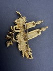 Gold Tone Christmas Candle   Holly Brooch Pin Red   Clear Crystal Accents