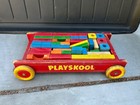 Vintage 1950 s Playskool Wooden Pull Wagon With Original Blocks Wooden Wheels