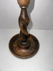 Antique English Oak Wood Candlestick  Barley Twist Stem And A Top Nozzle  8 5 