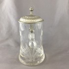 Vintage Clear Etched Fern Geometric Design Glass Beer Stein With Pewter Flip Lid