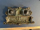 Antique Brass Inkwell Base pen Stand W 2 Original Glass Jars   Brass Lids Patina