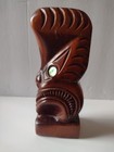 Vintage New Zealand Maori Hand Carved Wooden Tiki Statue Paua Shell Eyes 8 Inch
